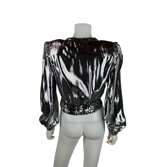 Vintage 70s Disco Shirt Womens Medium Silver Metallic Surplice Wrap Sequin Eveni - Picture 9 of 12